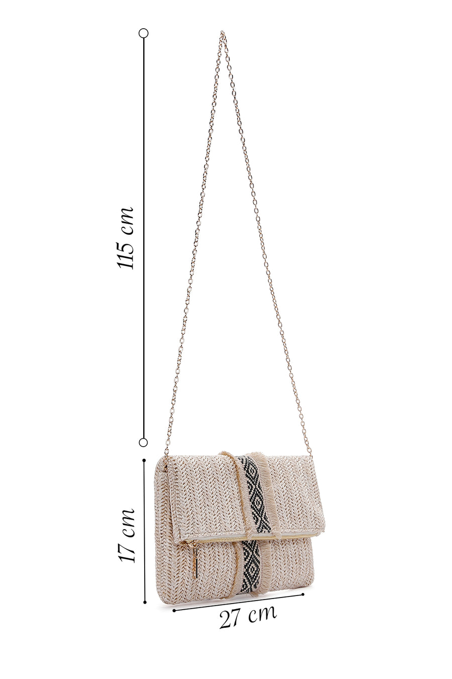 Women's Beige Long Chain Strap Straw Mini Clutch Bag