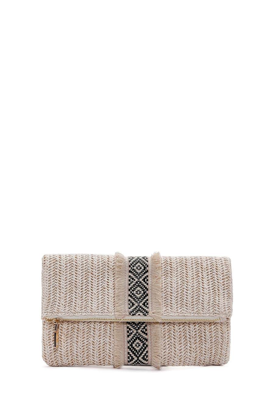 Women's Beige Long Chain Strap Straw Mini Clutch Bag