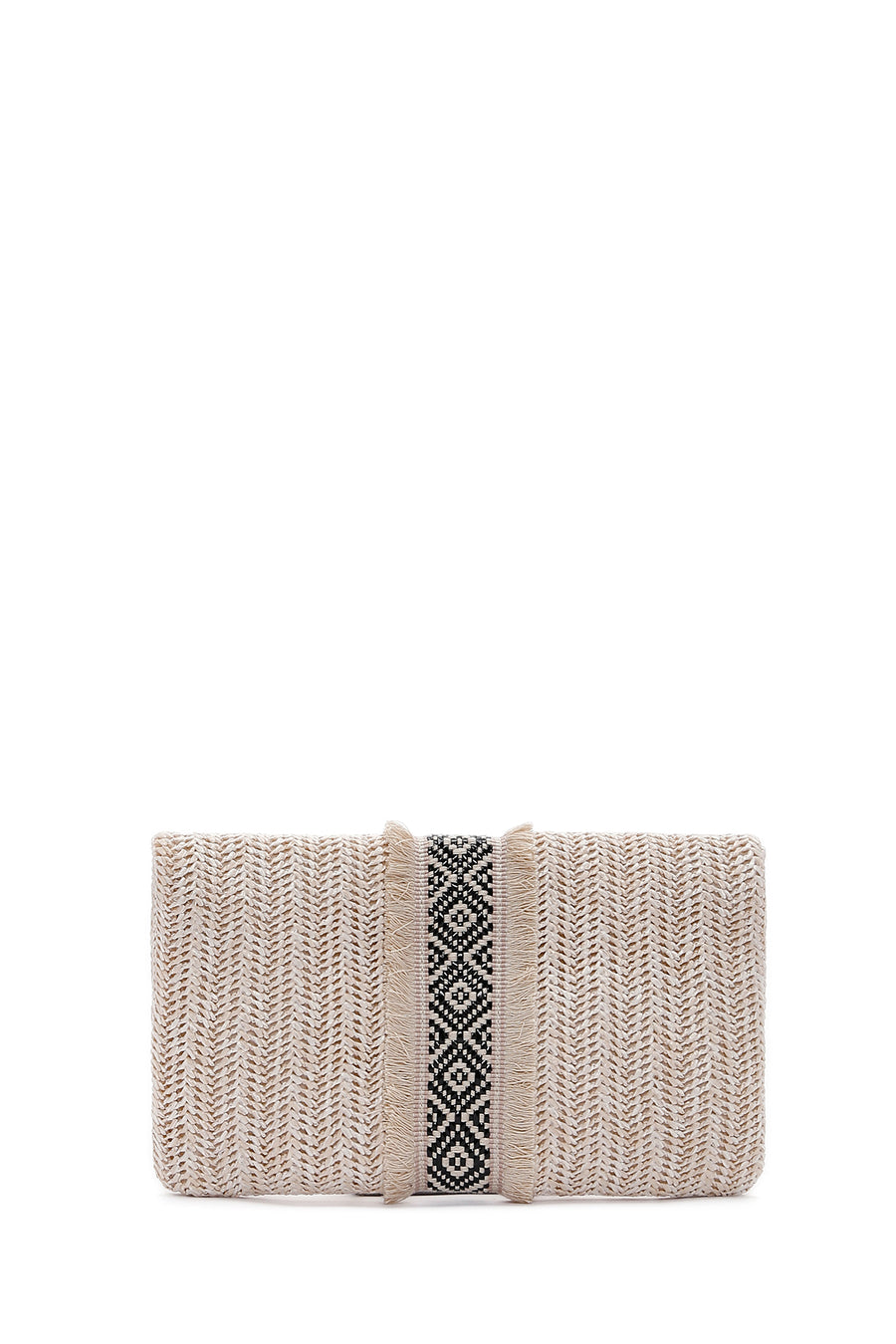 Women's Beige Long Chain Strap Straw Mini Clutch Bag