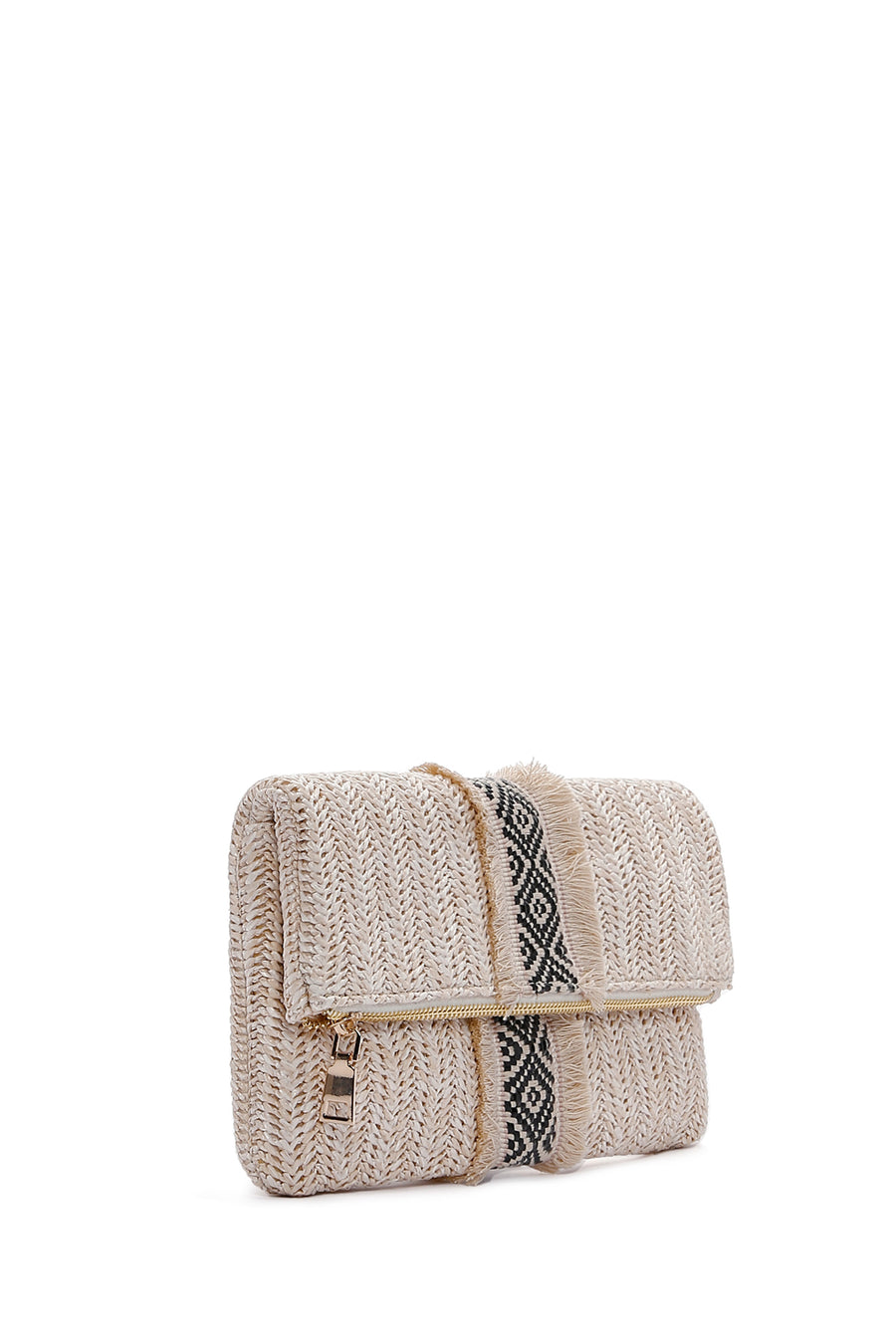 Women's Beige Long Chain Strap Straw Mini Clutch Bag