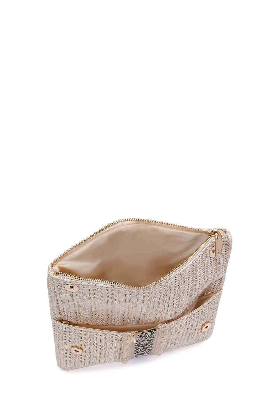 Women's Beige Long Chain Strap Straw Mini Clutch Bag