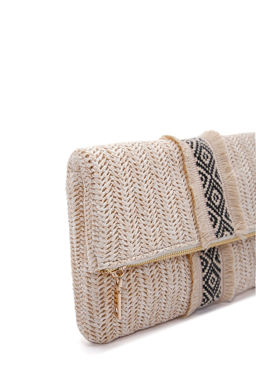 Women's Beige Long Chain Strap Straw Mini Clutch Bag