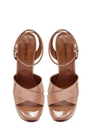 Kadın Bej Bilekten Tokalı Yüksek Kalın Topuklu Platform Rugan Deri Sandalet | Derimod