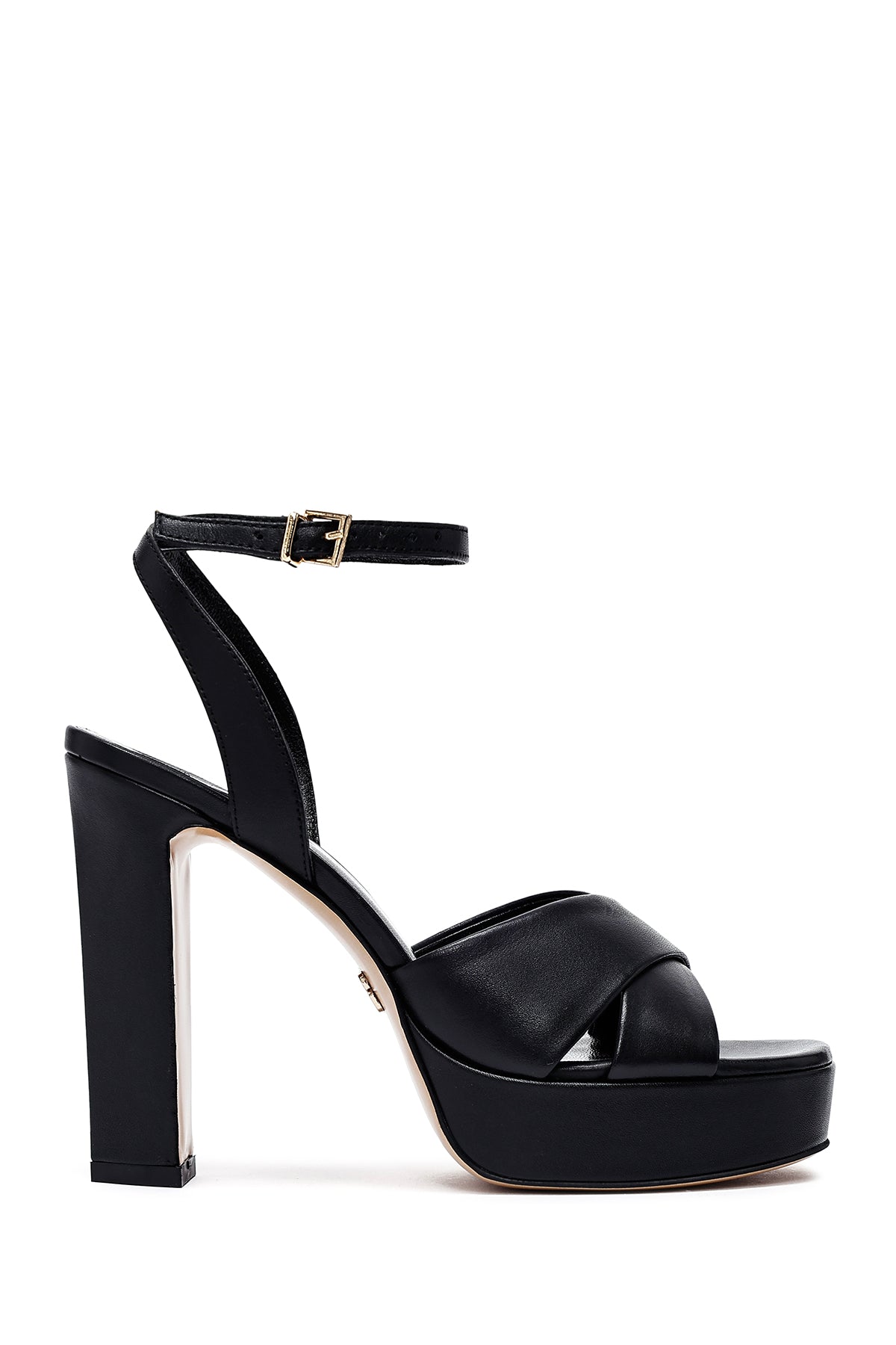 Women's Black Ankle Buckle Platform High Thick Heel Leather Sandals 25SFD120418 | Derimod