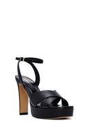 Women's Black Ankle Buckle Platform High Thick Heel Leather Sandals | Derimod