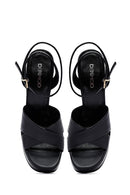 Women's Black Ankle Buckle Platform High Thick Heel Leather Sandals | Derimod
