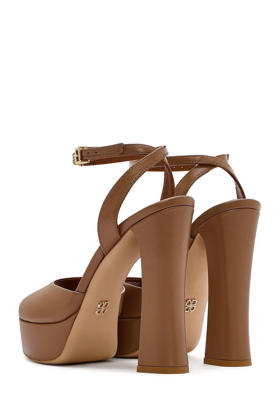 Women's Tan Ankle Buckle Platform High Thick Heel Leather Sandals