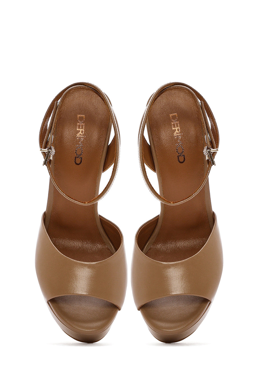 Women's Tan Ankle Buckle Platform High Thick Heel Leather Sandals
