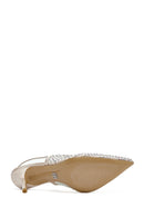 Women's Beige Stoned Open Back Thin Heeled Leather Shoes | Derimod