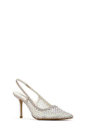 Women's Beige Stoned Open Back Thin Heeled Leather Shoes | Derimod