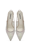 Women's Beige Stoned Open Back Thin Heeled Leather Shoes | Derimod