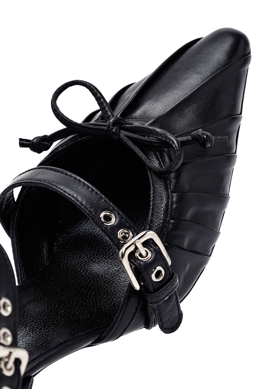 Women's Black Ankle Buckle Open Back Thin Heel Leather Shoes