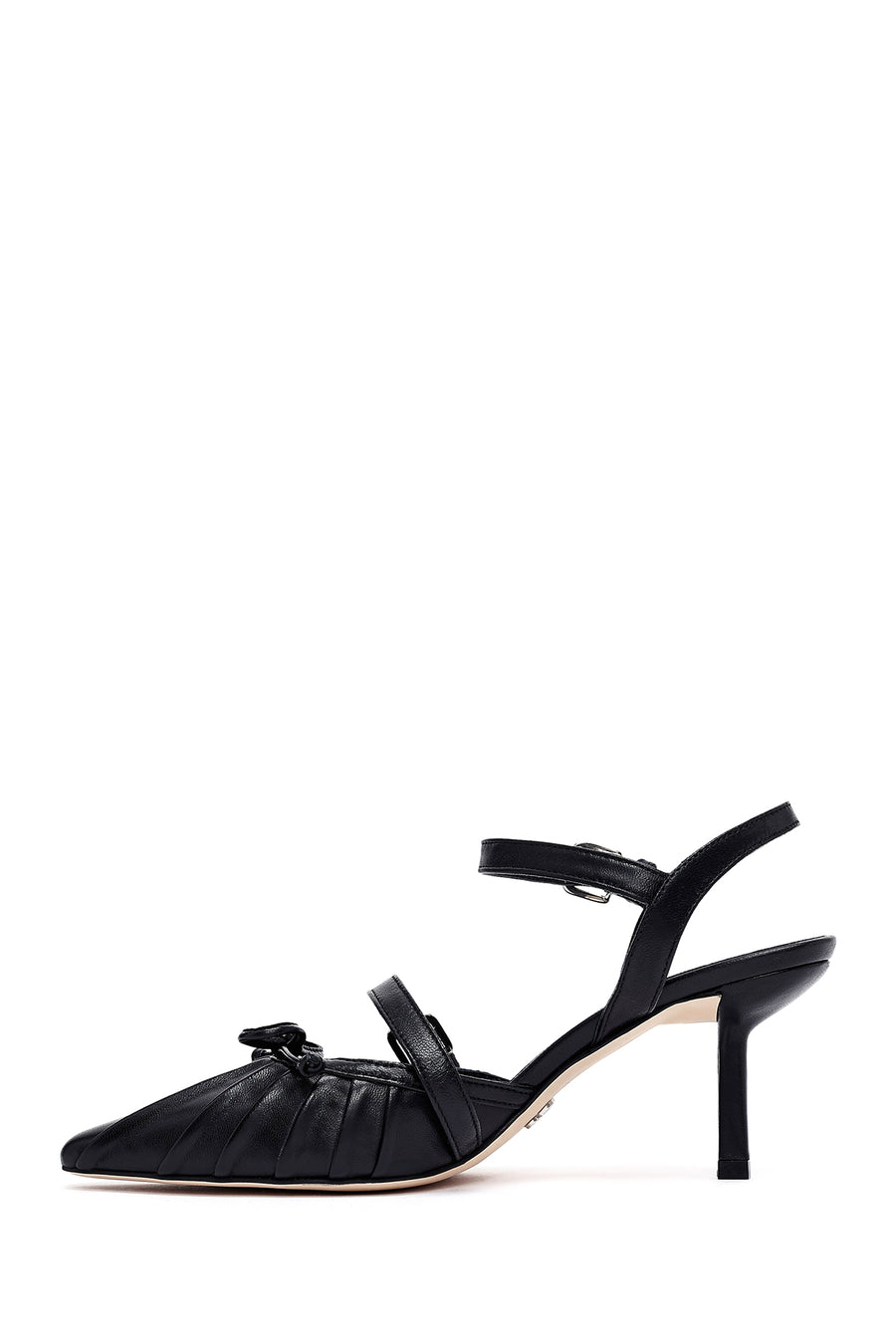 Women's Black Ankle Buckle Open Back Thin Heel Leather Shoes