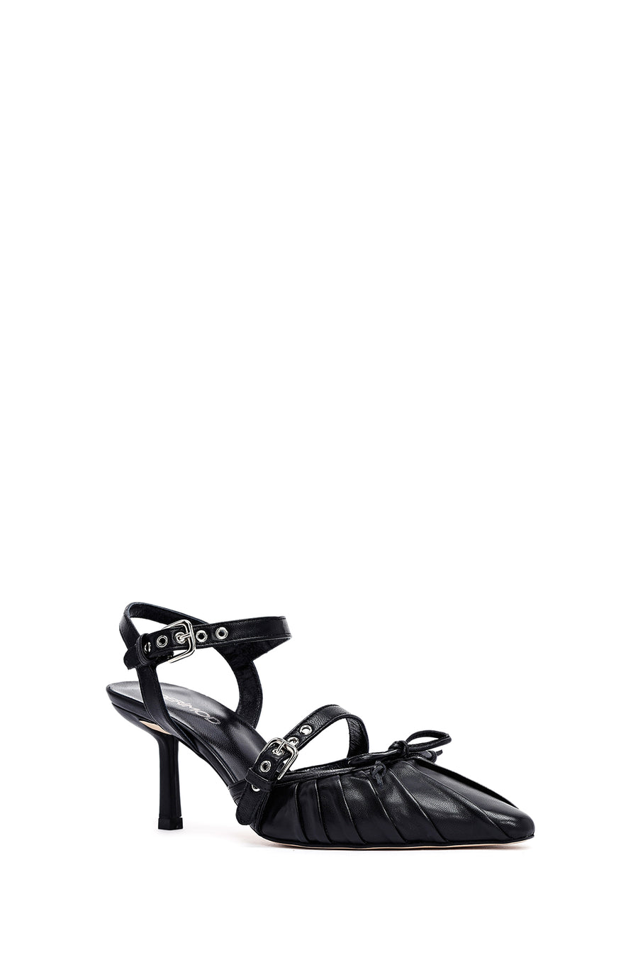 Women's Black Ankle Buckle Open Back Thin Heel Leather Shoes