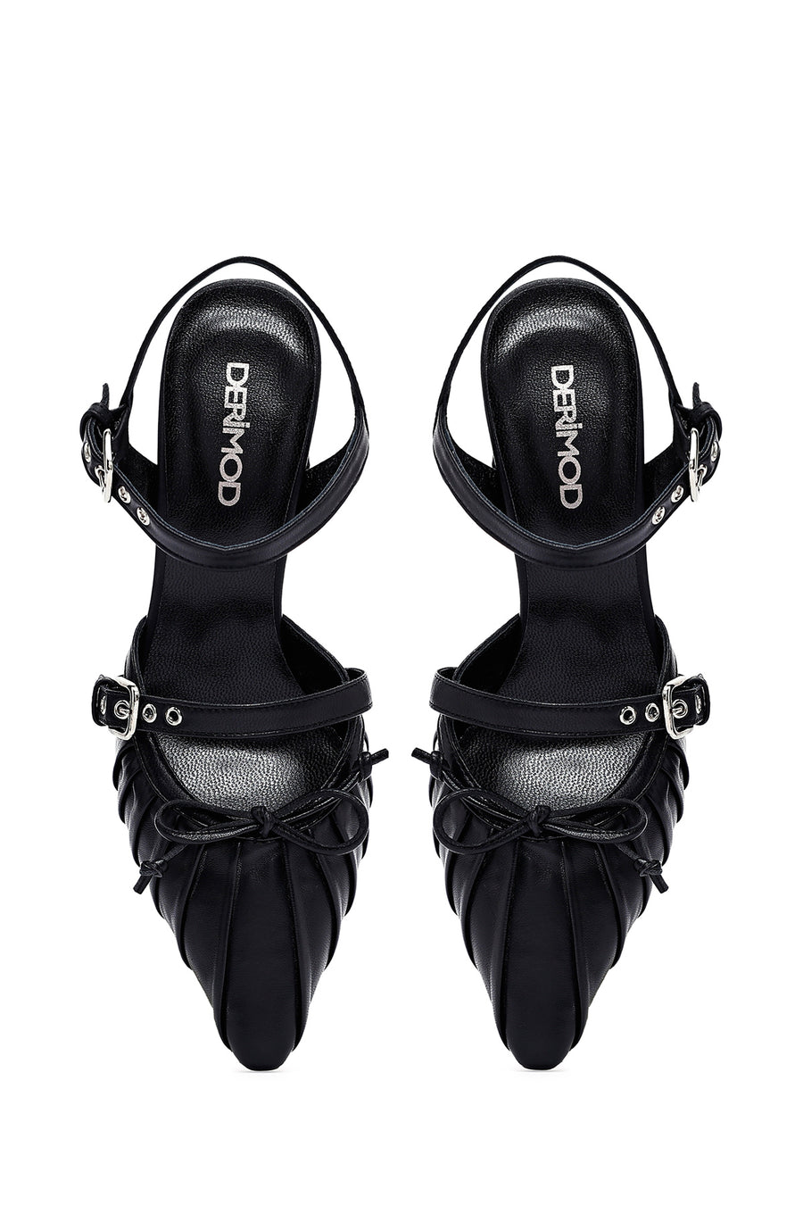 Women's Black Ankle Buckle Open Back Thin Heel Leather Shoes