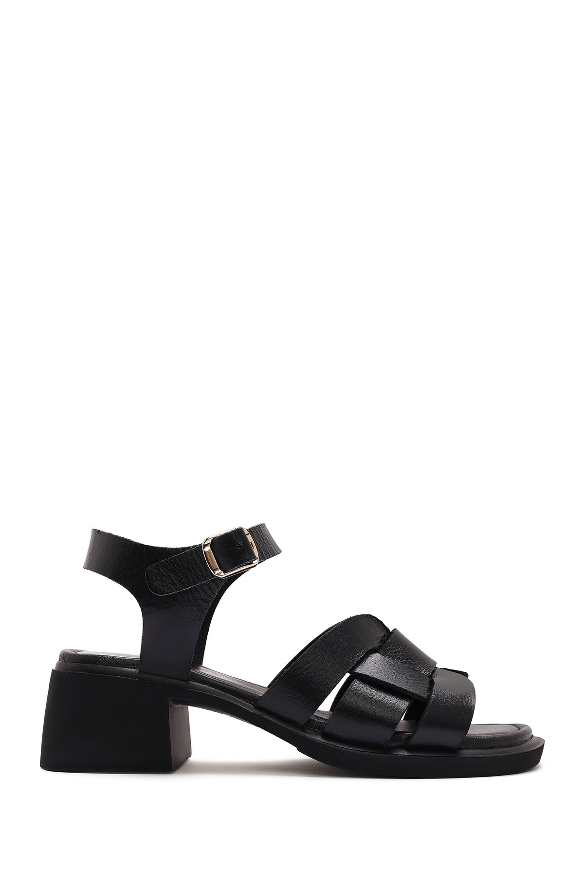 Kadın Siyah Bilekten Tokalı Kısa Kalın Topuklu Deri Sandalet