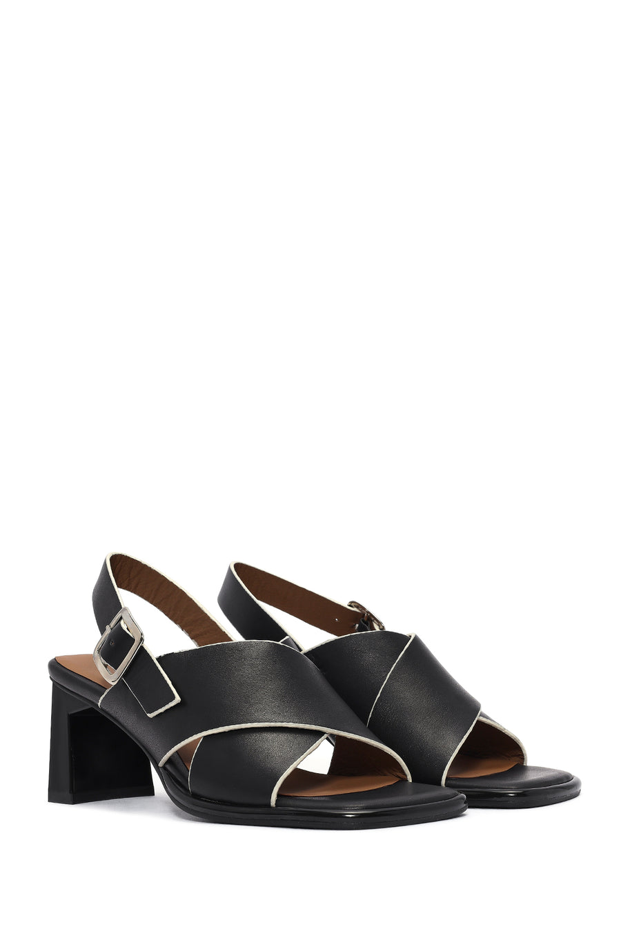 Women's Black Ankle Buckle Thick Heel Leather Sandals