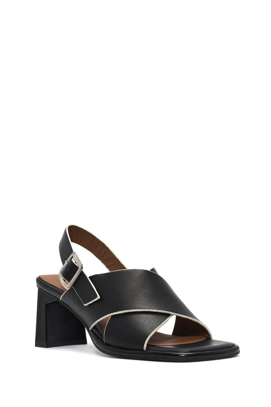 Women's Black Ankle Buckle Thick Heel Leather Sandals