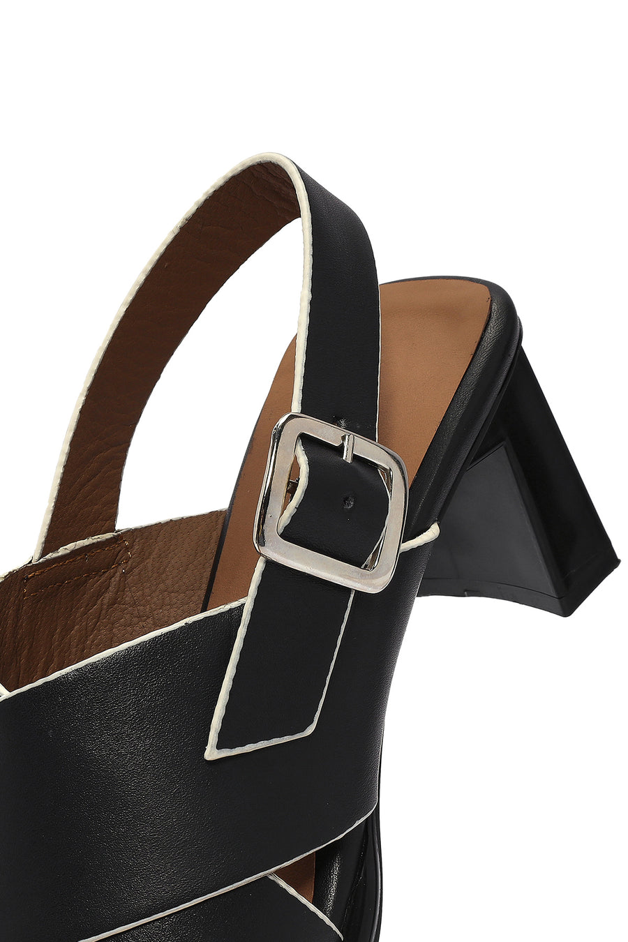 Women's Black Ankle Buckle Thick Heel Leather Sandals