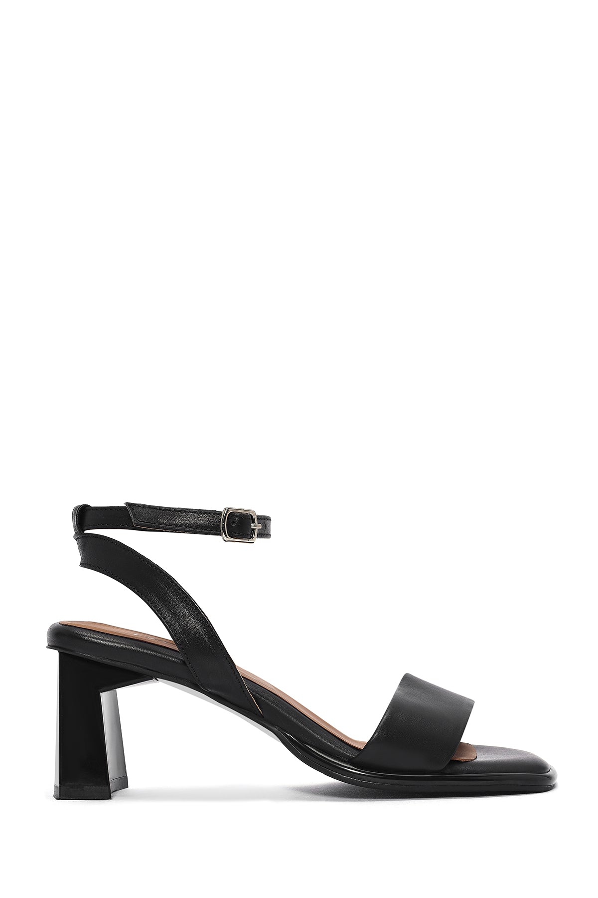 Women's Black Ankle Buckle Thick Heel Leather Sandals 25SFD131218 | Derimod