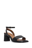 Women's Black Ankle Buckle Thick Heel Leather Sandals | Derimod