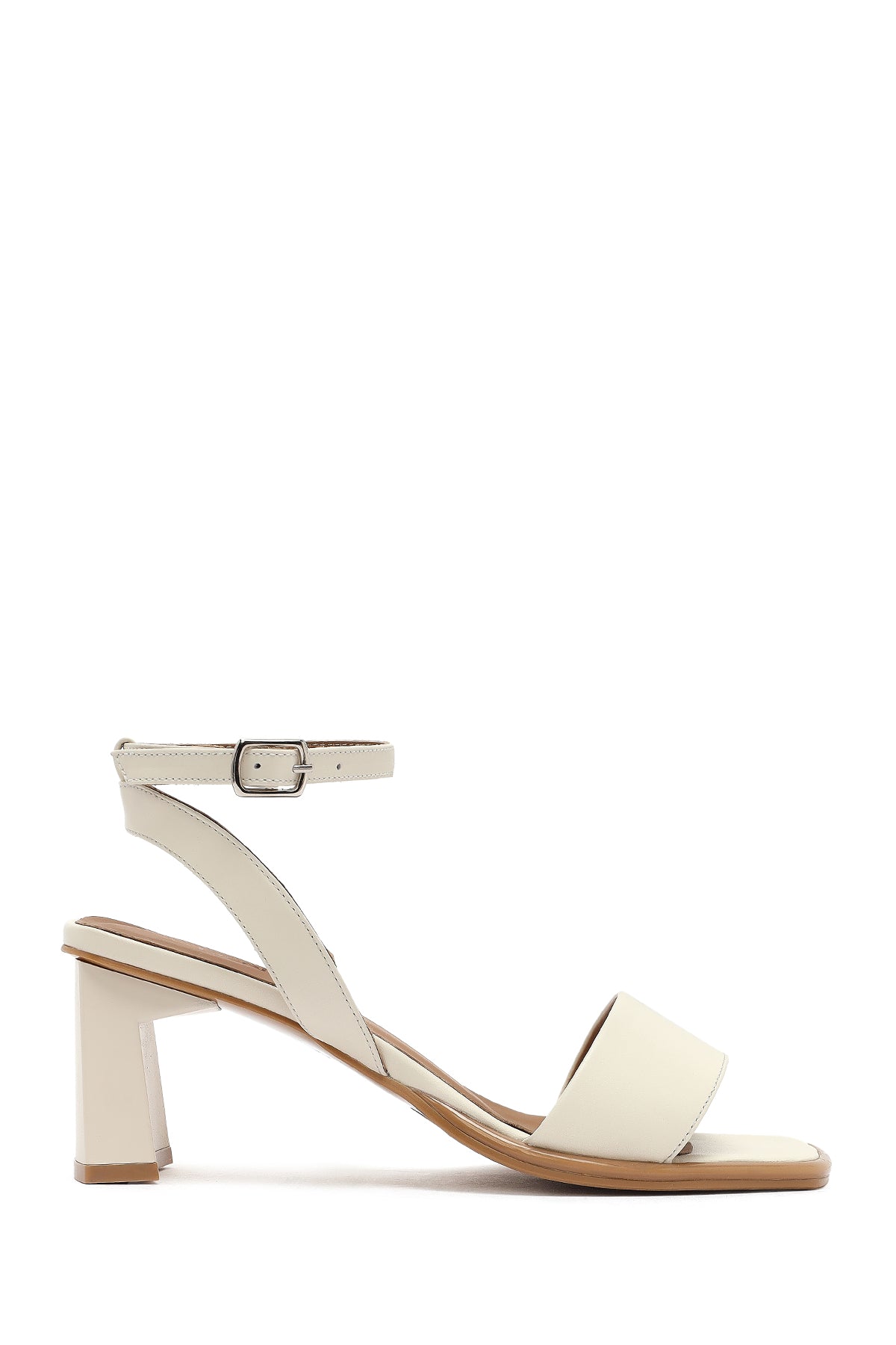 Women's Cream Ankle Buckle Thick Heel Leather Sandals 25SFD131218 | Derimod