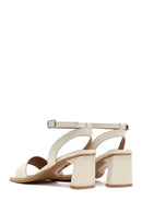 Women's Cream Ankle Buckle Thick Heel Leather Sandals | Derimod