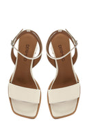 Women's Cream Ankle Buckle Thick Heel Leather Sandals | Derimod