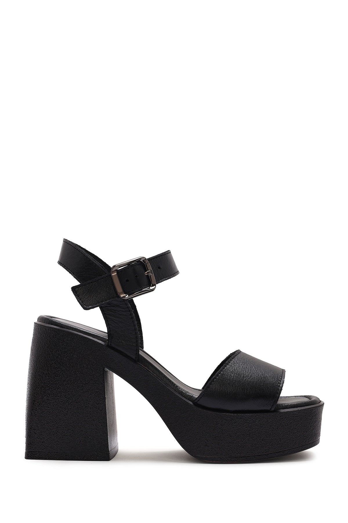 Kadın Siyah Bilekten Tokalı Platform Kalın Yüksek Kalın Topuklu Deri Sandalet