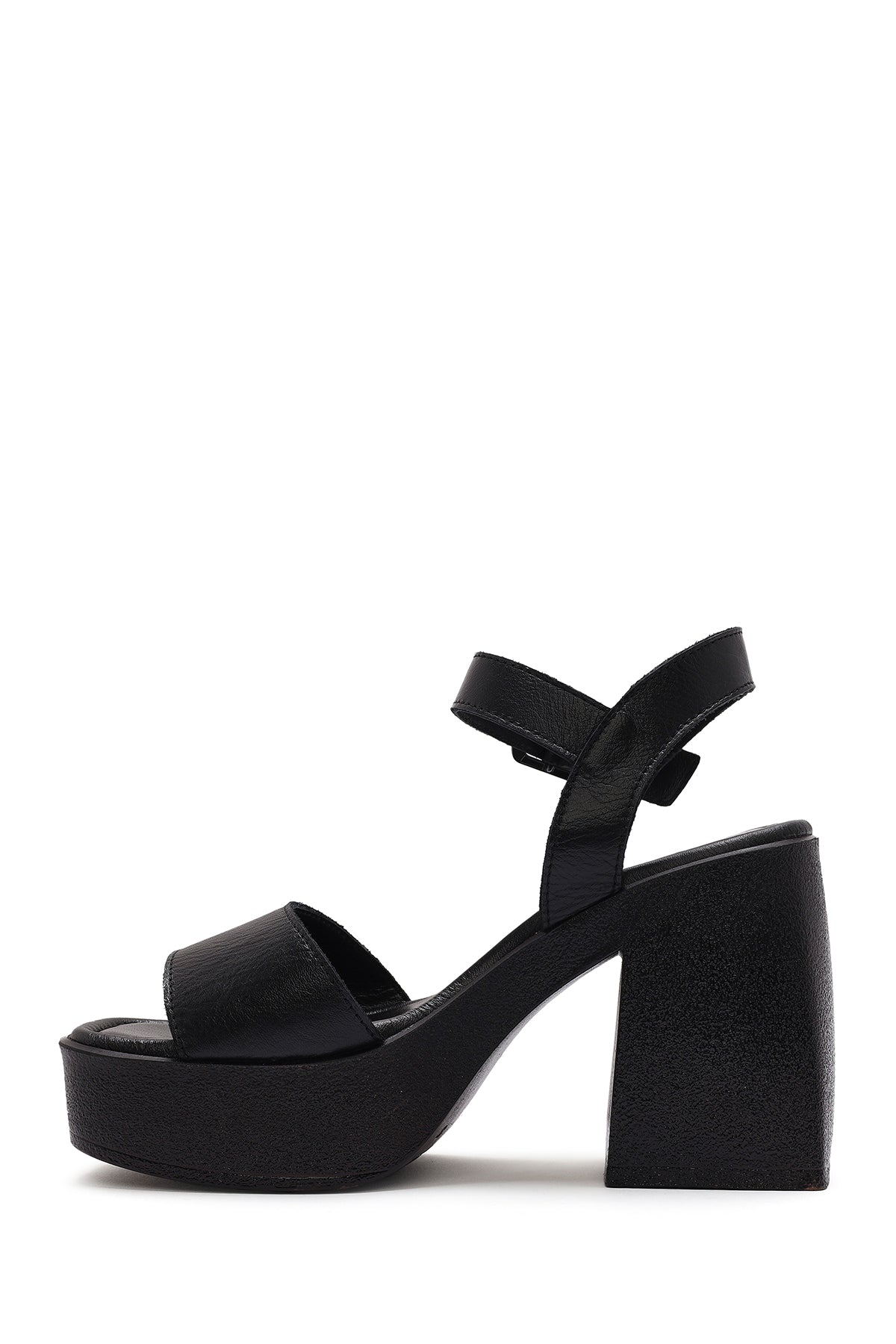 Kadın Siyah Bilekten Tokalı Platform Kalın Yüksek Kalın Topuklu Deri Sandalet