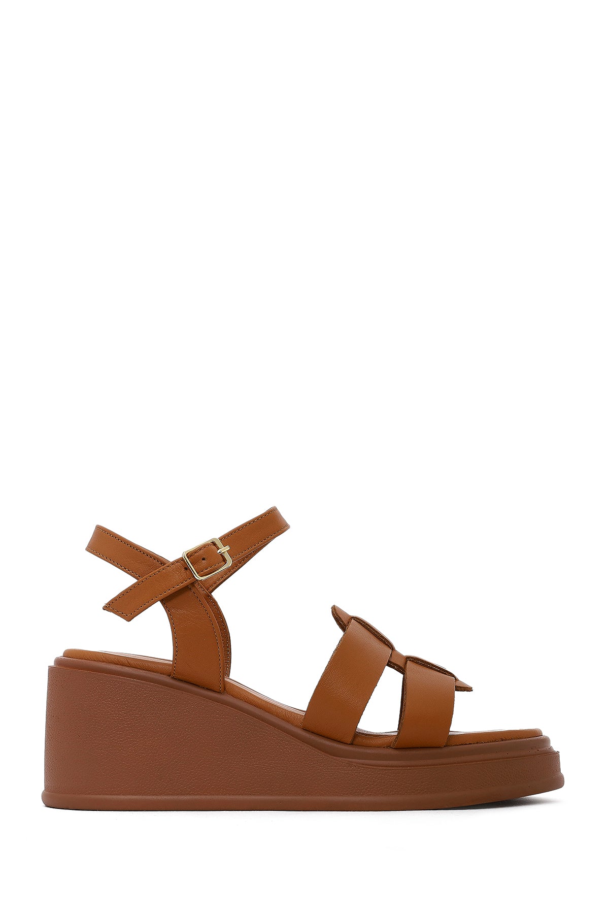 Women's Tan Ankle Buckle Wedge Heel Leather Sandals 25SFD131518 | Derimod
