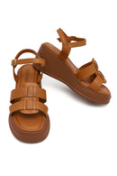 Women's Tan Ankle Buckle Wedge Heel Leather Sandals | Derimod