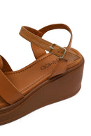 Women's Tan Ankle Buckle Wedge Heel Leather Sandals | Derimod
