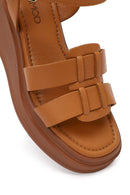 Women's Tan Ankle Buckle Wedge Heel Leather Sandals | Derimod