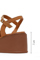 Women's Tan Ankle Buckle Wedge Heel Leather Sandals | Derimod