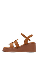 Women's Tan Ankle Buckle Wedge Heel Leather Sandals | Derimod