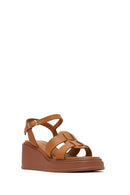 Women's Tan Ankle Buckle Wedge Heel Leather Sandals | Derimod