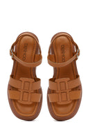 Women's Tan Ankle Buckle Wedge Heel Leather Sandals | Derimod