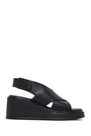 Women's Black Strapped Wedge Heel Leather Sandals | Derimod
