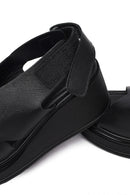 Women's Black Strapped Wedge Heel Leather Sandals | Derimod