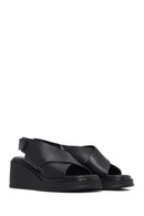 Women's Black Strapped Wedge Heel Leather Sandals | Derimod