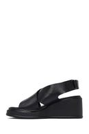 Women's Black Strapped Wedge Heel Leather Sandals | Derimod