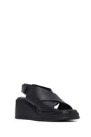 Women's Black Strapped Wedge Heel Leather Sandals | Derimod