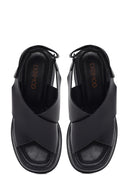 Women's Black Strapped Wedge Heel Leather Sandals | Derimod