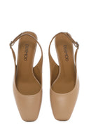 Kadın Bej Arkası Açık Kısa Kalın Topuklu Deri Ayakkabı | Derimod