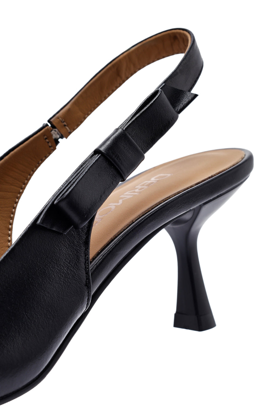 Women's Black Open Back Thin Heeled Leather Shoes