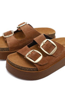 Women's Tan Double Buckle Thick Sole Suede Leather Slippers | Derimod