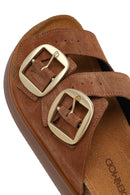 Women's Tan Double Buckle Thick Sole Suede Leather Slippers | Derimod