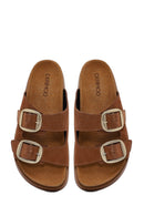 Women's Tan Double Buckle Thick Sole Suede Leather Slippers | Derimod