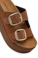 Women's Tan Double Buckle Thick Sole Suede Leather Slippers | Derimod